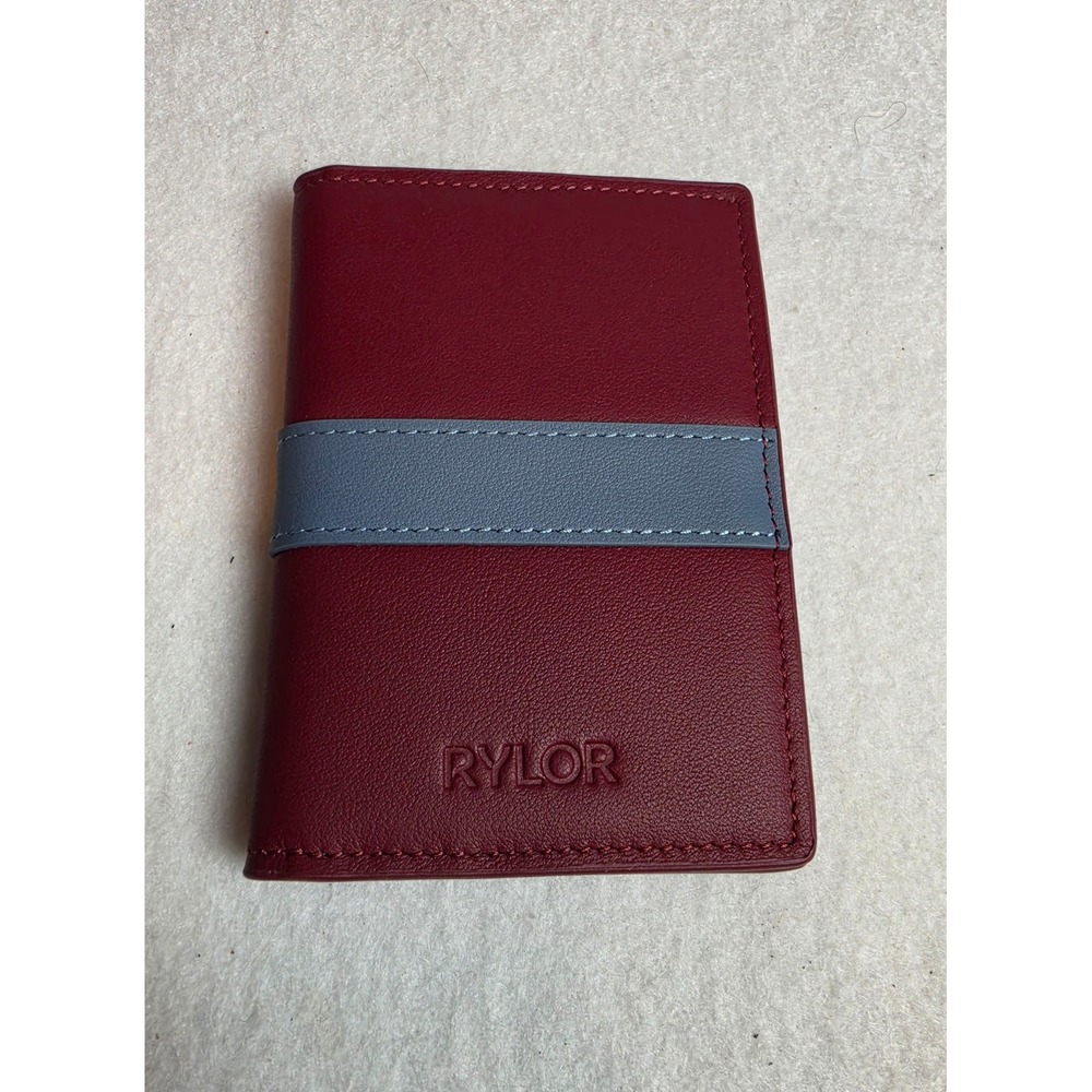 Rylor Leather Bifold Card Holder Wallet Burgundy Red Blue Stripe Minimalist New